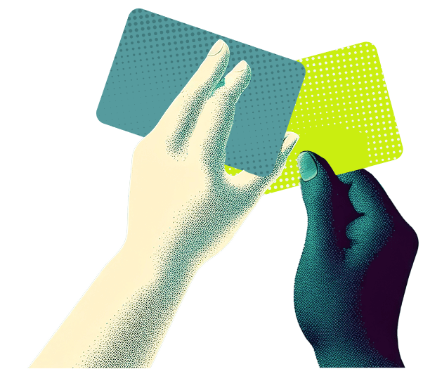A hand holding teal and lime Weel cards