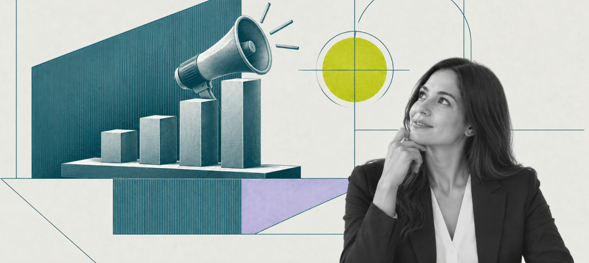 Illustration: a finance professional next to a chart, representing Weel Media Watch